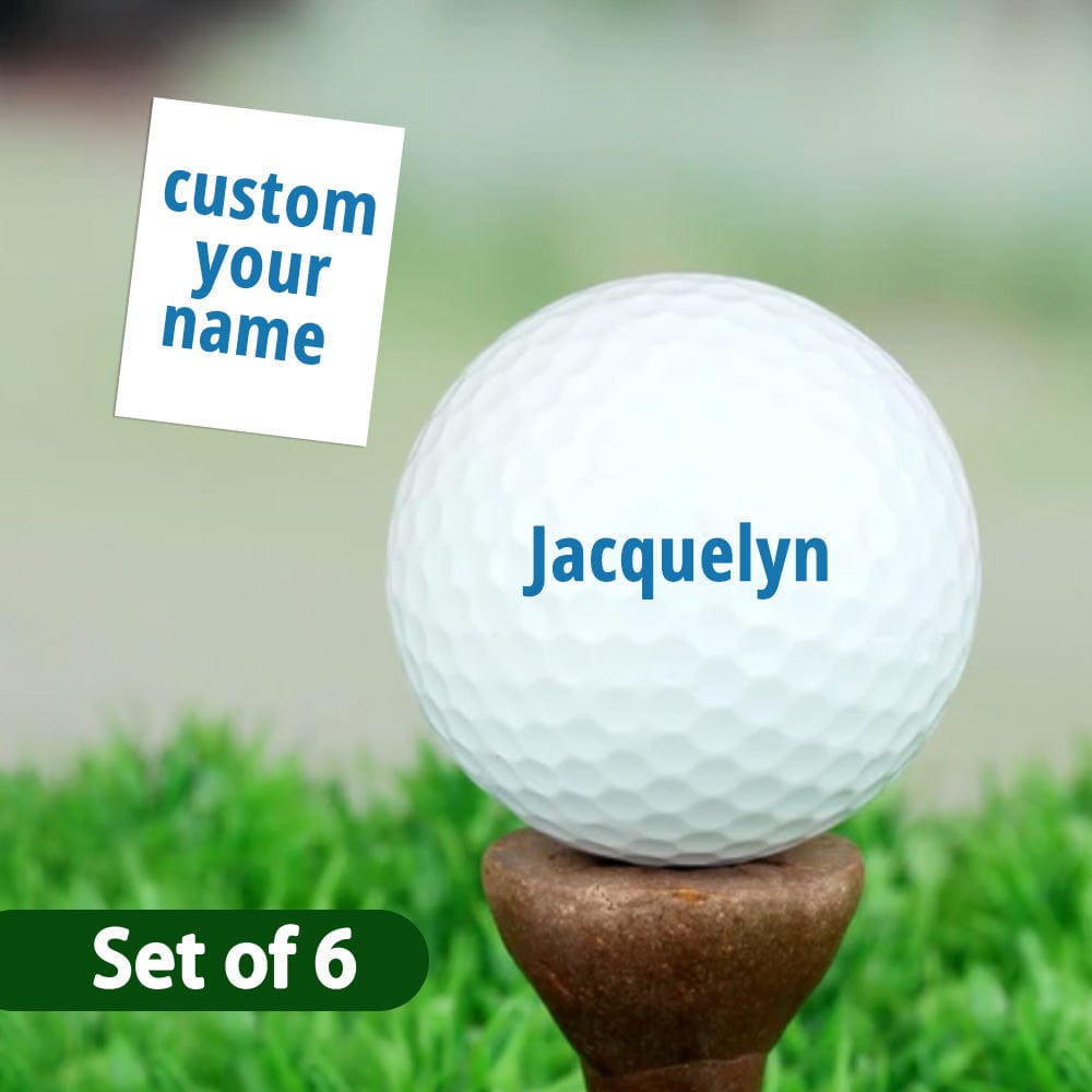 Personalised golf balls set of 6 with custom name printed on white balls – perfect gift for golf lovers and corporate branding