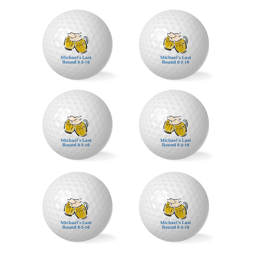 Close-up of a personalised golf ball showing crisp custom printed initials and logo on a white ball, perfect for groomsmen gifts and tournament prizes