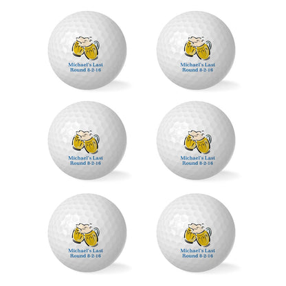 Close-up of a personalised golf ball showing crisp custom printed initials and logo on a white ball, perfect for groomsmen gifts and tournament prizes