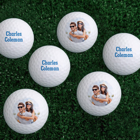 Set of six personalised golf balls displaying a customised photo and text on each ball — set of 6 custom golf gifts ideal for Father’s Day, birthdays and corporate golf days
