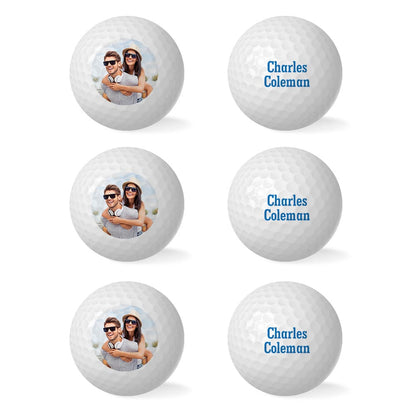 Close-up of a personalised golf ball with a printed photo and name — crisp, durable print on a custom golf ball, perfect for gifts and novelty tournaments