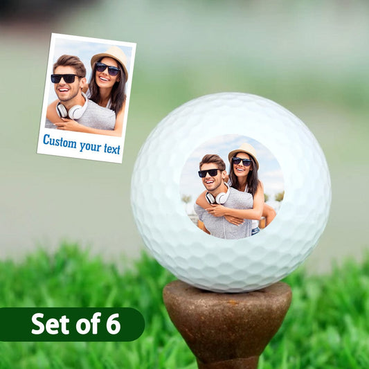 Set of six personalised golf balls displaying a customised photo and text on each ball — set of 6 custom golf gifts ideal for Father’s Day, birthdays and corporate golf days