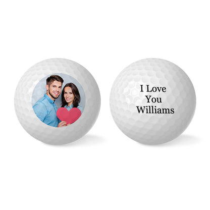 Close‑up of personalised golf ball showing high‑resolution photo print and clear personalised text, ideal personalised golf accessory