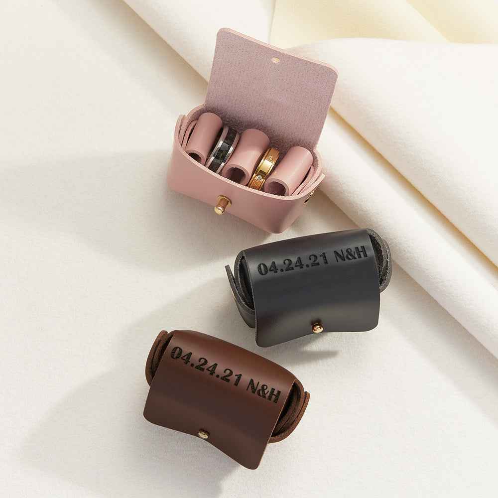 Personalized Leather Wedding Ring Pouch Custom Engraved Double Rings Box