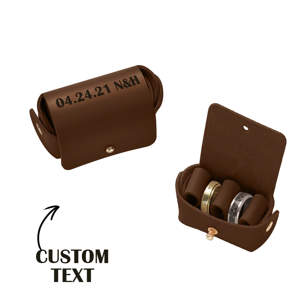 Open personalised leather ring pouch showing central divider for two rings — handcrafted double ring box for ring‑bearer and long‑term wedding keepsake