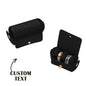 Side view of personalised leather double ring pouch highlighting secure hardware, neat stitching and compact, low‑profile design for weddings