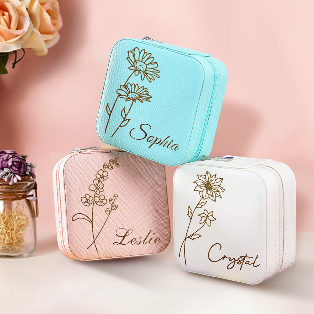 Detailed view of PU leather exterior and neat stitching on personalised travel jewellery case