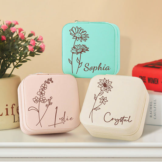 Personalised birth flower jewellery box with name – compact PU leather travel jewellery organiser