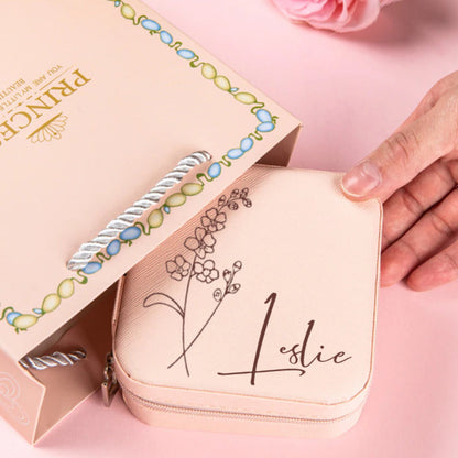 Open personalised travel jewellery case showing ring and earring compartments – bridesmaid jewellery box