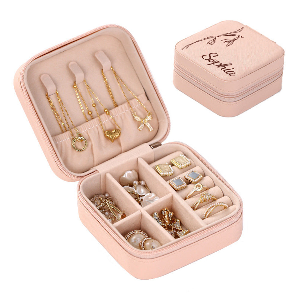 Selection of birth flower designs on custom travel jewellery organisers – choose name customisation