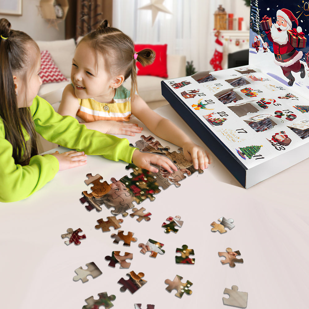 Personalised photo Advent calendar jigsaw puzzle front view — custom Christmas countdown in 24 mini puzzles, perfect family gift