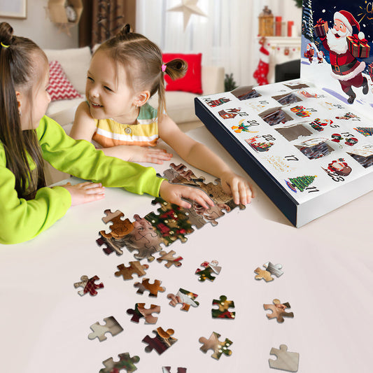 Personalised photo Advent calendar jigsaw puzzle front view — custom Christmas countdown in 24 mini puzzles, perfect family gift