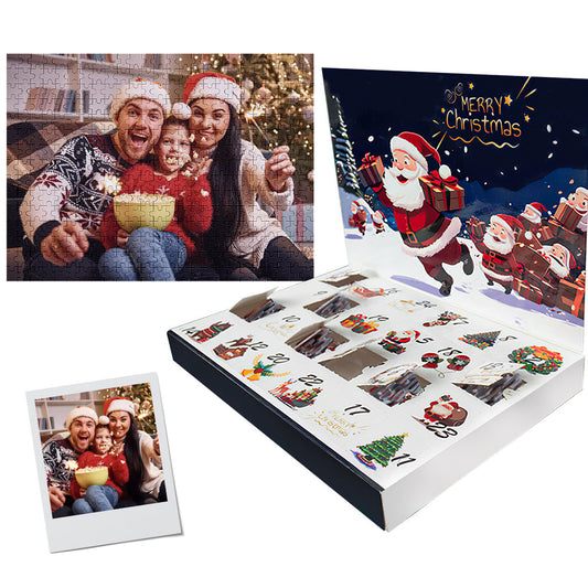 Personalised photo Advent calendar jigsaw puzzle front view — custom Christmas countdown in 24 mini puzzles, perfect family gift