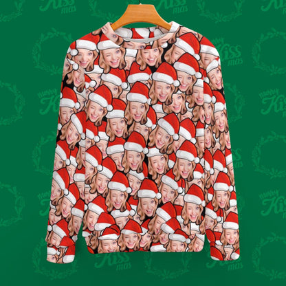 Custom face ugly Christmas jumper front view featuring a personalised Santa hat print on a red festive knit – personalised Santa hat sweater