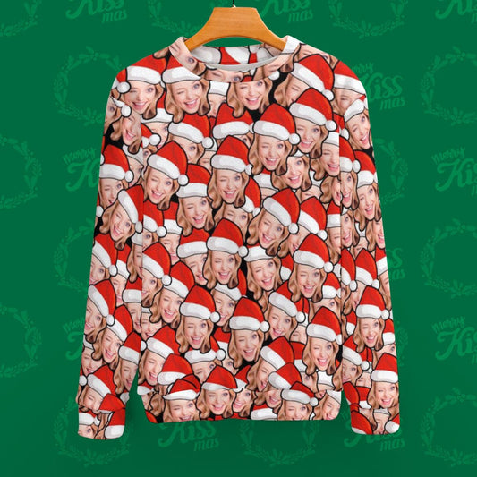 Custom face ugly Christmas jumper front view featuring a personalised Santa hat print on a red festive knit – personalised Santa hat sweater