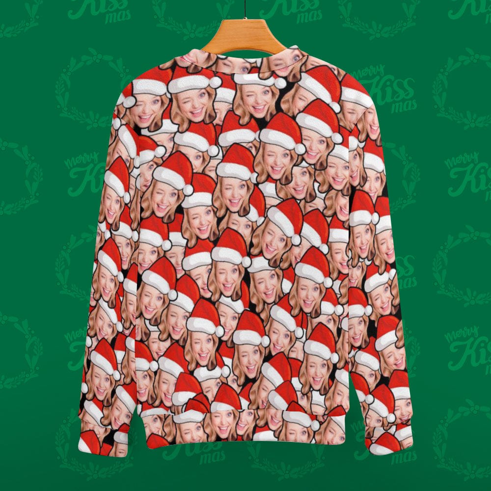 Front flat-lay of personalised ugly Christmas jumper with custom face print, showing breathable, stretchable fabric ideal for parties in the UK and Australia