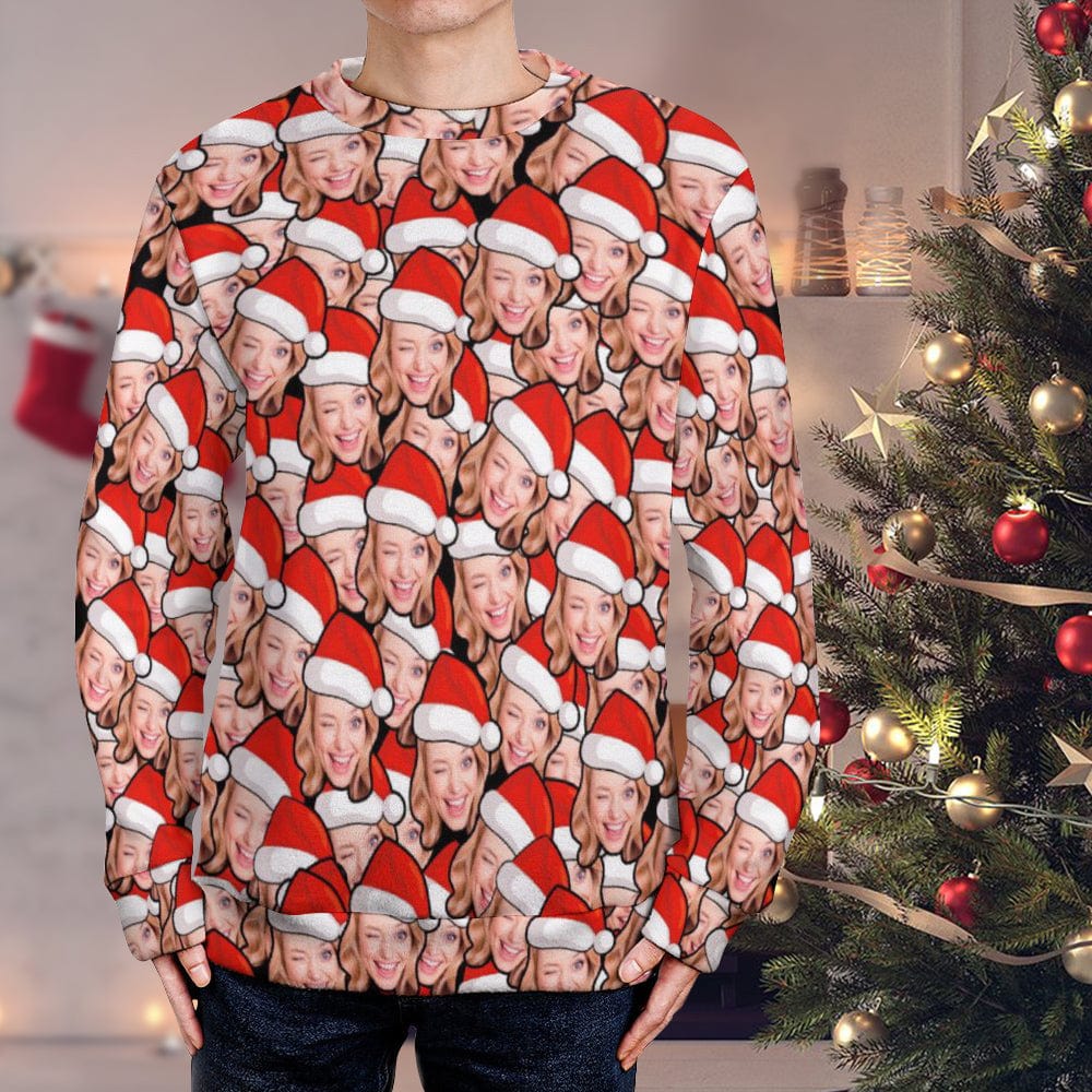 Model wearing a personalised Santa hat sweater with printed face in a party setting – perfect printed face Christmas sweater for Secret Santa and family photos
