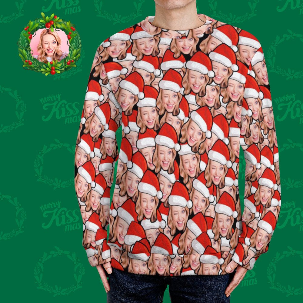 Custom face ugly Christmas jumper front view featuring a personalised Santa hat print on a red festive knit – personalised Santa hat sweater
