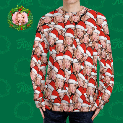 Custom face ugly Christmas jumper front view featuring a personalised Santa hat print on a red festive knit – personalised Santa hat sweater