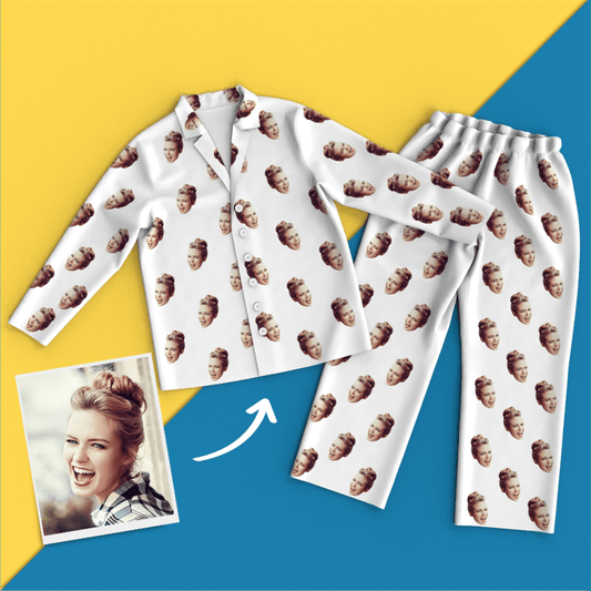 Personalised Face Colourful Pyjamas unisex long‑sleeve set — full front view with custom face photo print on lightweight polyester, oversized relaxed fit, elasticated waist, machine washable