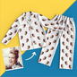 Personalised Face Colourful Pyjamas unisex long‑sleeve set — full front view with custom face photo print on lightweight polyester, oversized relaxed fit, elasticated waist, machine washable