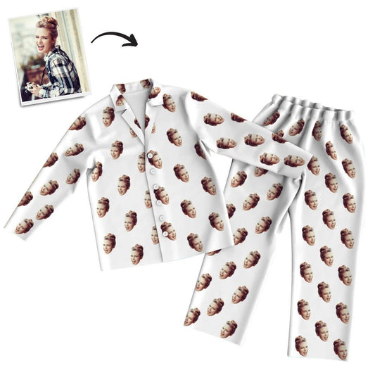 Personalised Face Colourful Pyjamas unisex long‑sleeve set — full front view with custom face photo print on lightweight polyester, oversized relaxed fit, elasticated waist, machine washable