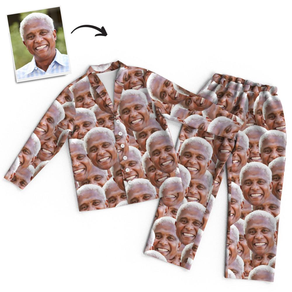 Model wearing custom face pyjamas full-length view showing unisex fit and long sleeves with full-length trousers – a bespoke printed pyjama set for couples or novelty gifts