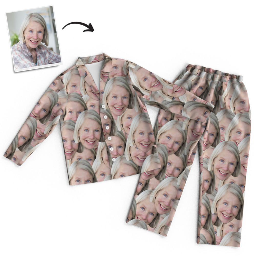 Flat-lay of matching custom face pyjama set displaying full-pattern repeat and vibrant, fade-resistant colour from professional heat-transfer printing – perfect personalised nightwear