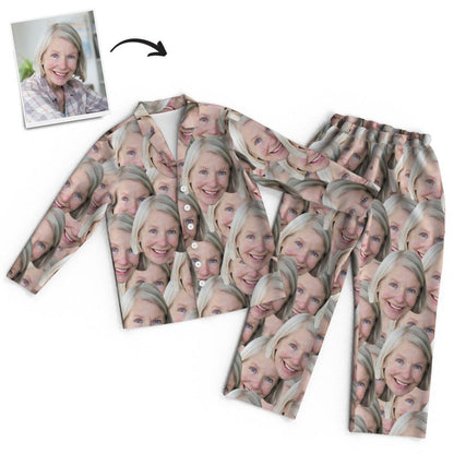 Flat-lay of matching custom face pyjama set displaying full-pattern repeat and vibrant, fade-resistant colour from professional heat-transfer printing – perfect personalised nightwear