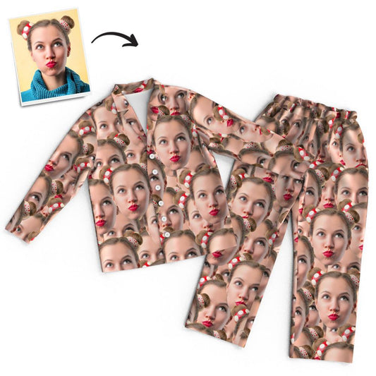 Custom face long sleeve unisex pyjamas – front view showing personalised face print on a button-through top with lapel collar and matching elastic-waist trousers, ideal personalised nightwear gift
