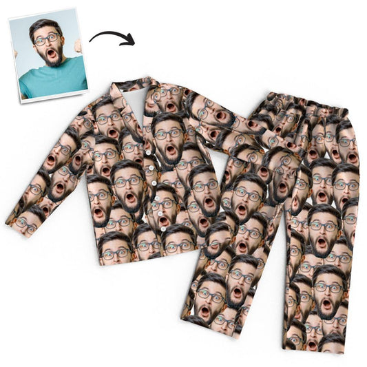 Custom face long sleeve unisex pyjamas – front view showing personalised face print on a button-through top with lapel collar and matching elastic-waist trousers, ideal personalised nightwear gift