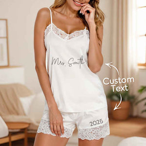 Personalized Lace Lingerie Camisole Pajamas Outfit with Text and Date Honeymoon Wedding for Bride