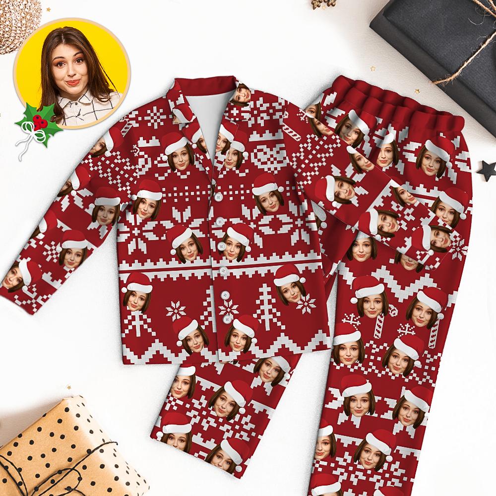 Custom Face Christmas Pyjamas close‑up (Variant A) – high‑definition personalised face print on soft modal panel, vivid heat‑transfer colours