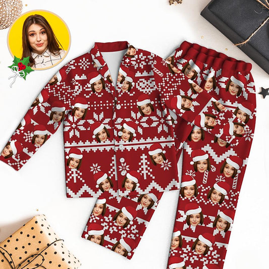 Custom Face Christmas Pyjamas close‑up (Variant A) – high‑definition personalised face print on soft modal panel, vivid heat‑transfer colours