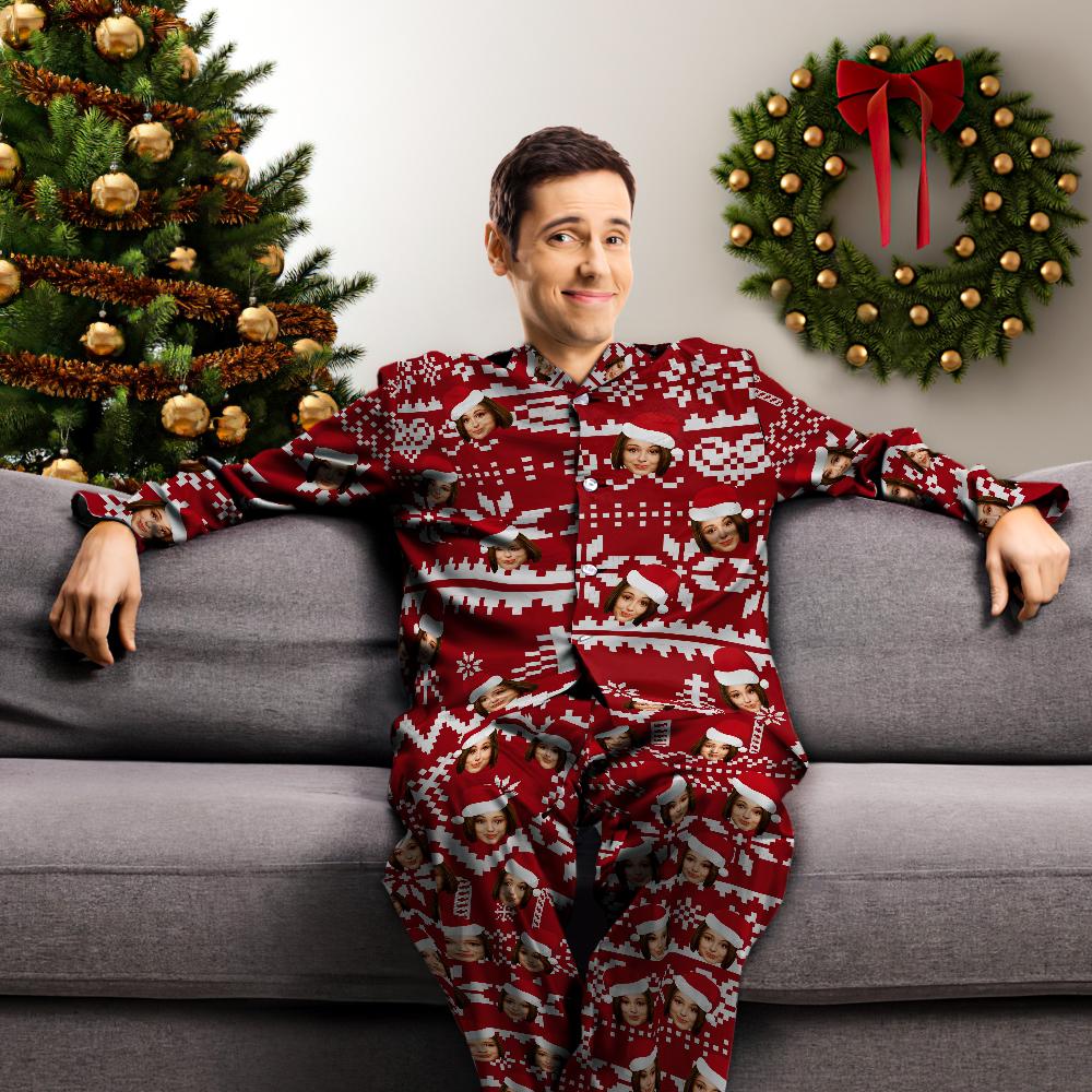 Custom Face Christmas Pyjamas close‑up (Variant A) – high‑definition personalised face print on soft modal panel, vivid heat‑transfer colours