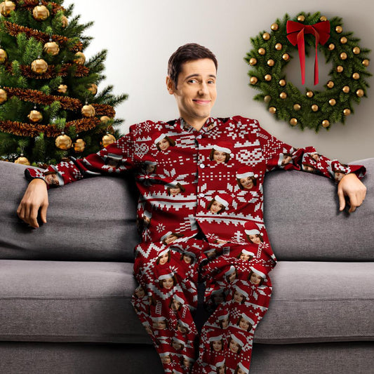 Custom Face Christmas Pyjamas close‑up (Variant A) – high‑definition personalised face print on soft modal panel, vivid heat‑transfer colours