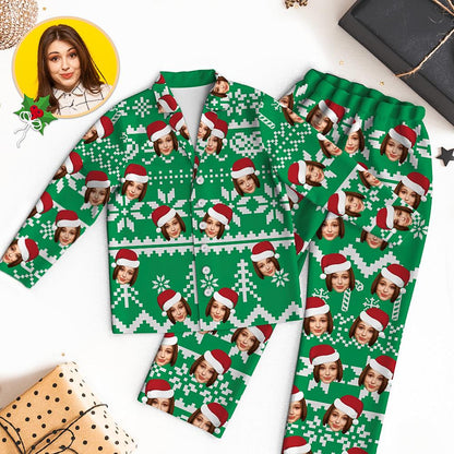 Custom Face Christmas Pyjamas close‑up (Variant A) – high‑definition personalised face print on soft modal panel, vivid heat‑transfer colours