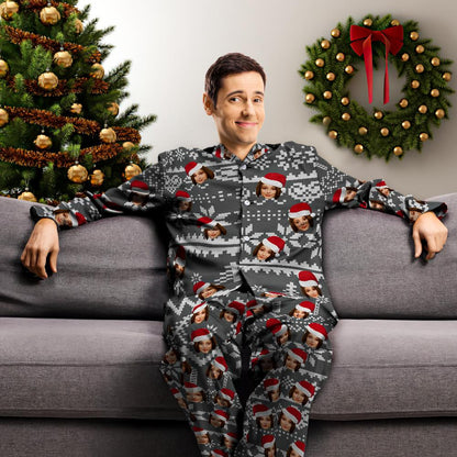 Custom Face Christmas Pyjamas worn view (Variant C) – full button‑up top and elastic‑waist trousers showing fit and personalised face placement
