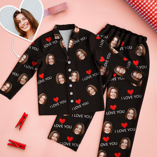Custom Face 'Love You' black pyjamas set – personalised face printed on long‑sleeve button‑up top with lapel collar and matching elastic‑waist trousers, unisex couple sleepwear