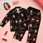 Custom Face 'Love You' black pyjamas set – personalised face printed on long‑sleeve button‑up top with lapel collar and matching elastic‑waist trousers, unisex couple sleepwear