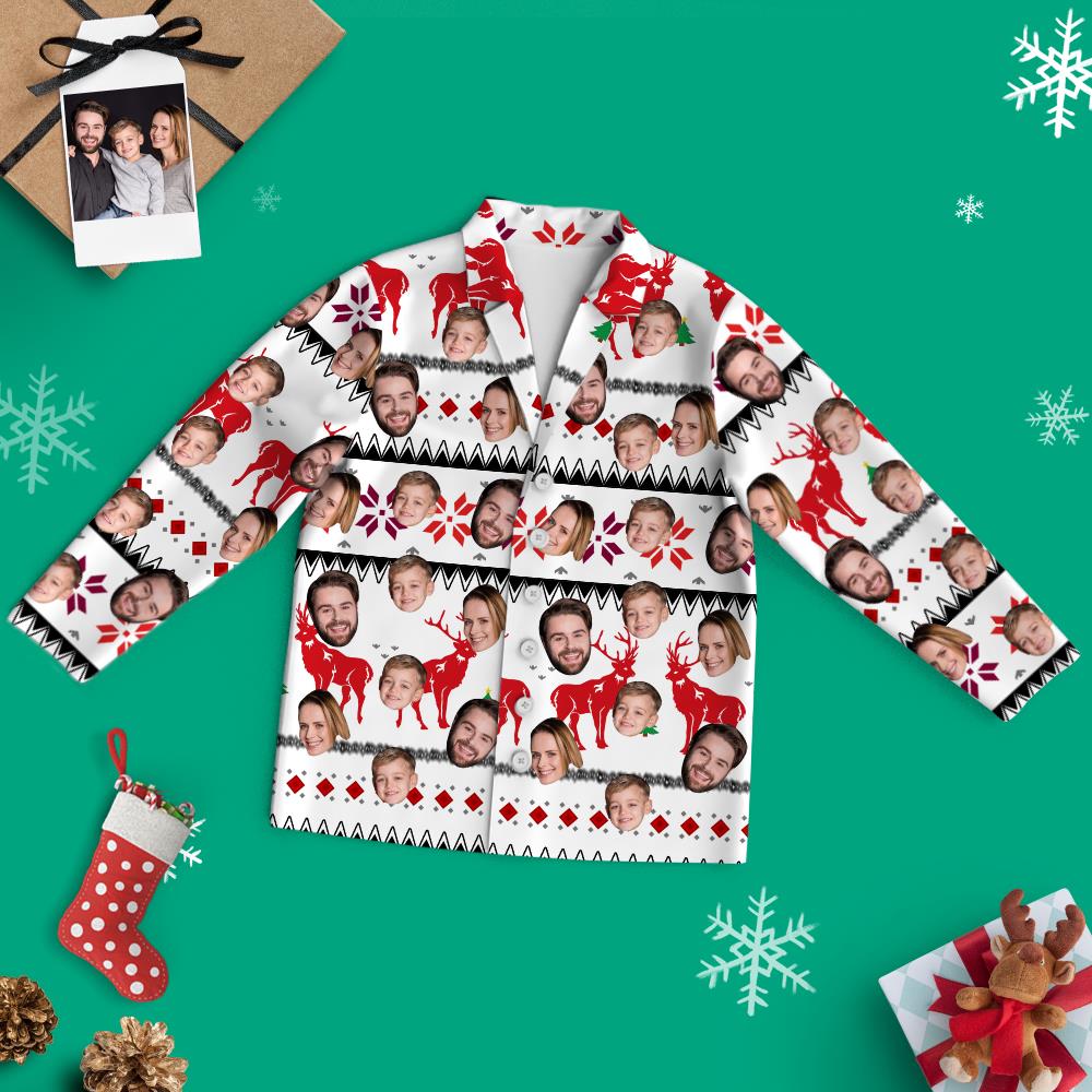Front view of personalised custom-face Christmas long-sleeve white pyjamas with reindeer print — unisex matching top and trousers with button-up notched lapels and elastic drawstring waist