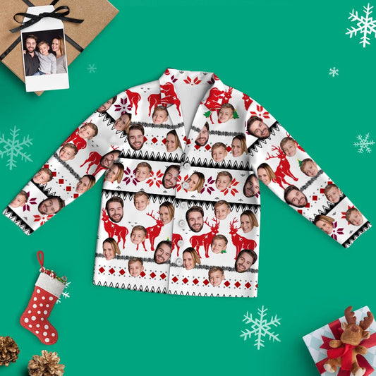 Front view of personalised custom-face Christmas long-sleeve white pyjamas with reindeer print — unisex matching top and trousers with button-up notched lapels and elastic drawstring waist