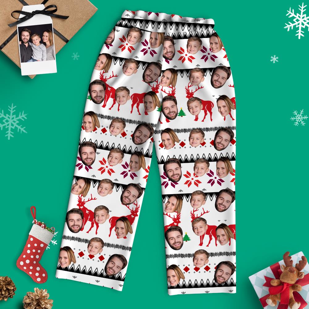 Model wearing personalised custom-face Christmas pyjamas with reindeer — cosy family matching set ideal for festive mornings and personalised gifts