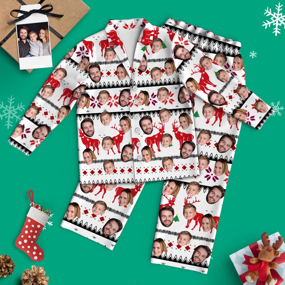 Front view of personalised custom-face Christmas long-sleeve white pyjamas with reindeer print — unisex matching top and trousers with button-up notched lapels and elastic drawstring waist