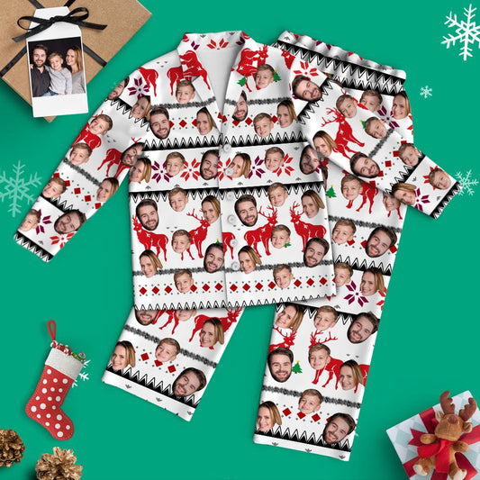 Front view of personalised custom-face Christmas long-sleeve white pyjamas with reindeer print — unisex matching top and trousers with button-up notched lapels and elastic drawstring waist