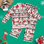 Front view of personalised custom-face Christmas long-sleeve white pyjamas with reindeer print — unisex matching top and trousers with button-up notched lapels and elastic drawstring waist
