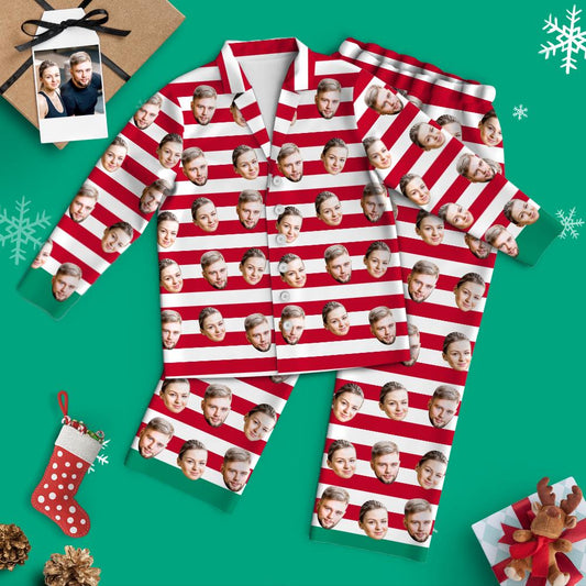 Couple wearing personalised red and white stripe pyjamas — matching two-piece set for him and her, cosy unisex design perfect for Christmas or Valentine’s gifts