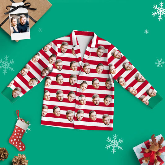 Couple wearing personalised red and white stripe pyjamas — matching two-piece set for him and her, cosy unisex design perfect for Christmas or Valentine’s gifts