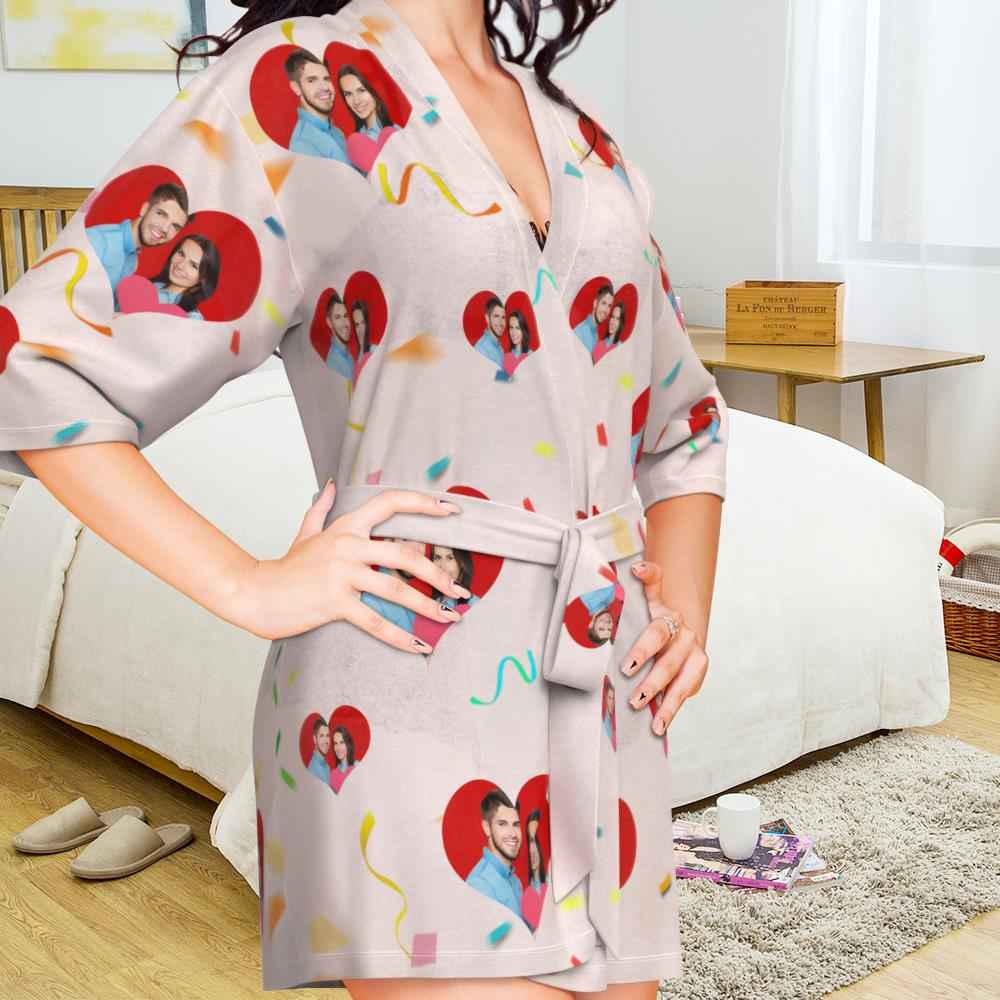 Custom Personalized Pajamas Photo Couple Love Women's Short Pajama Kimono Robe Sleepwear