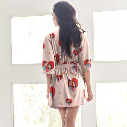 Matching personalised photo pyjamas set with women’s short kimono robe in a custom couple sleepwear design, perfect for bridal morning, hen do or thoughtful gifts